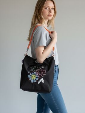Claire's Black Floral 'Happy' Shoulder Bag with Orange Strap